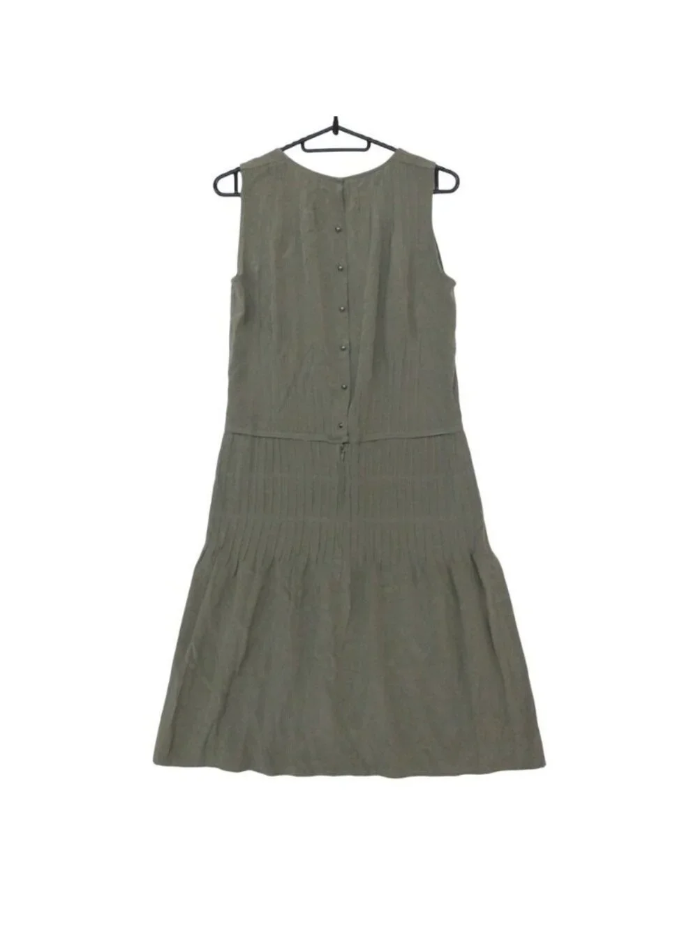 Chanel Dress Silk 100% CC Logo with Button Sleeveless Knee Length Khaki Green